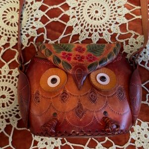Handmade Genuine Leather Embossed 3D Owl Animal Purse Handbag Crossbody